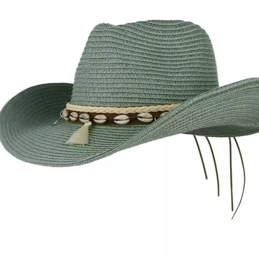 Boho Shell Panama Sun Hat In Sable & Sage - Picture 2 of 6
